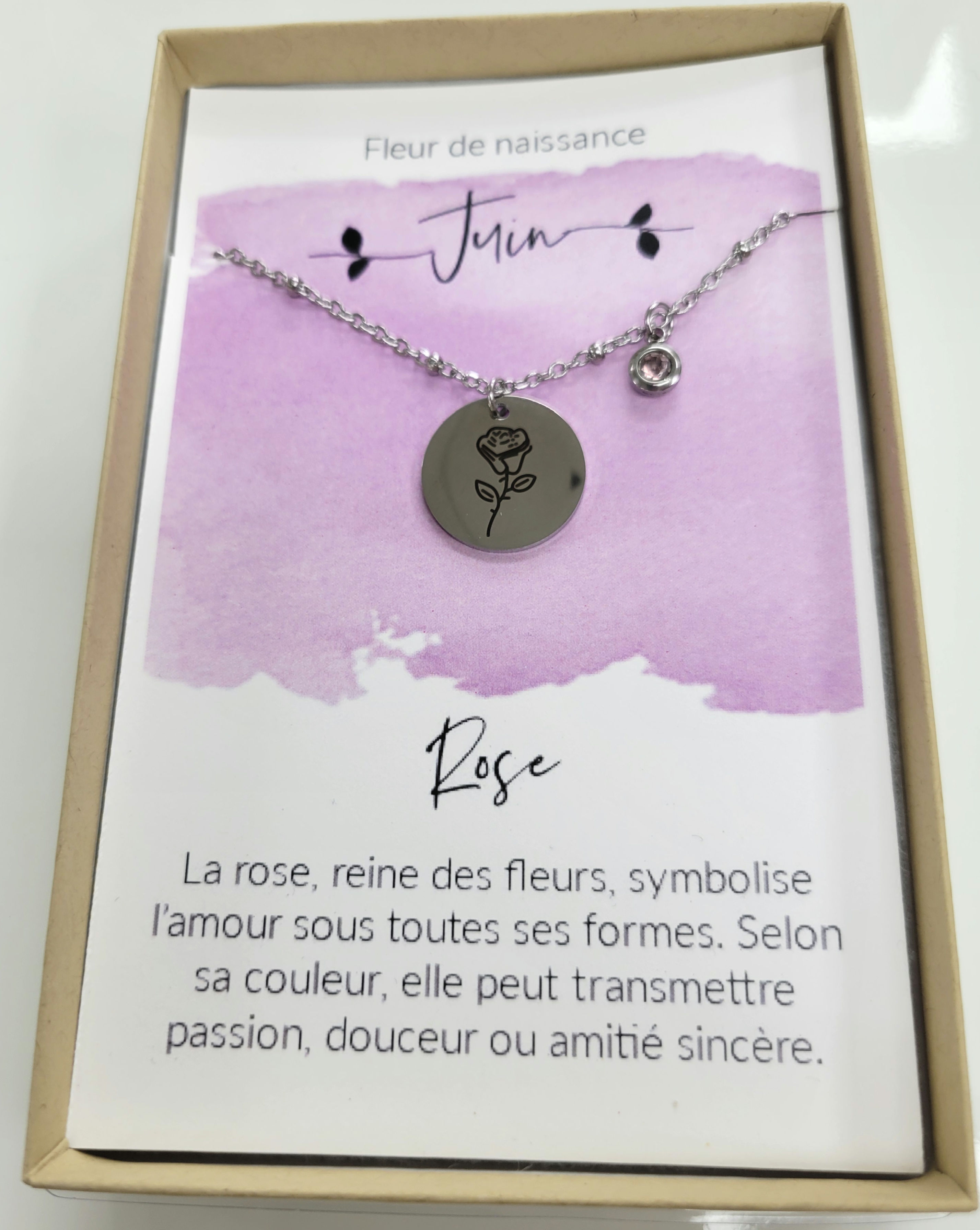 Collier fleur de naissance, juin, rose, acier inoxydable