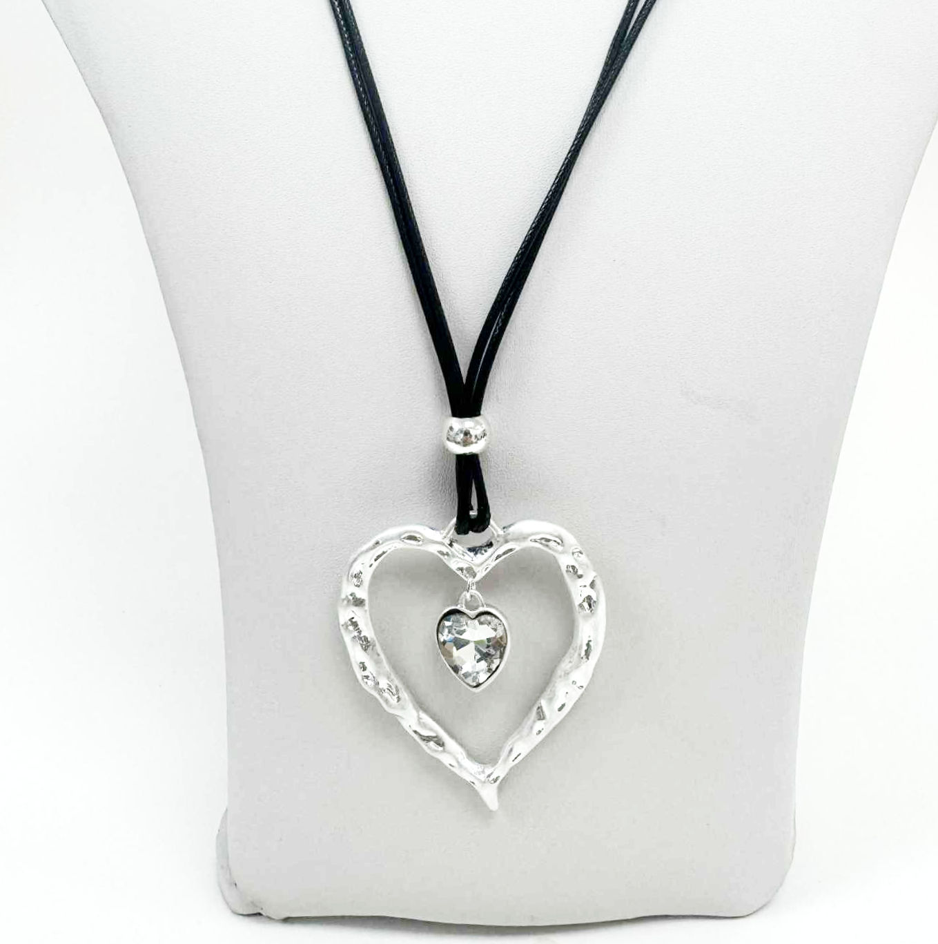 Collier long Spoutnik, coeurs et pierre, ajustable, argent