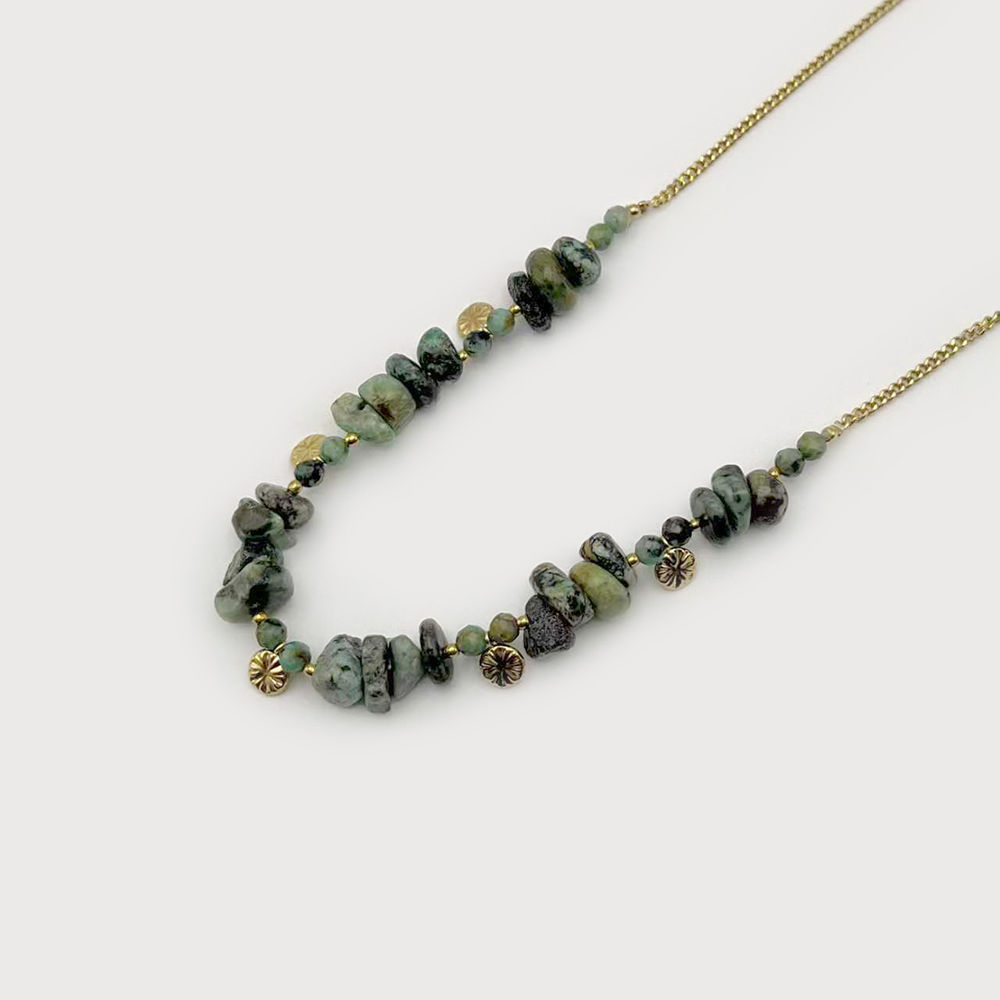 Collier Caracol, pierres naturelles avec minis médaillons, acier inox, vert