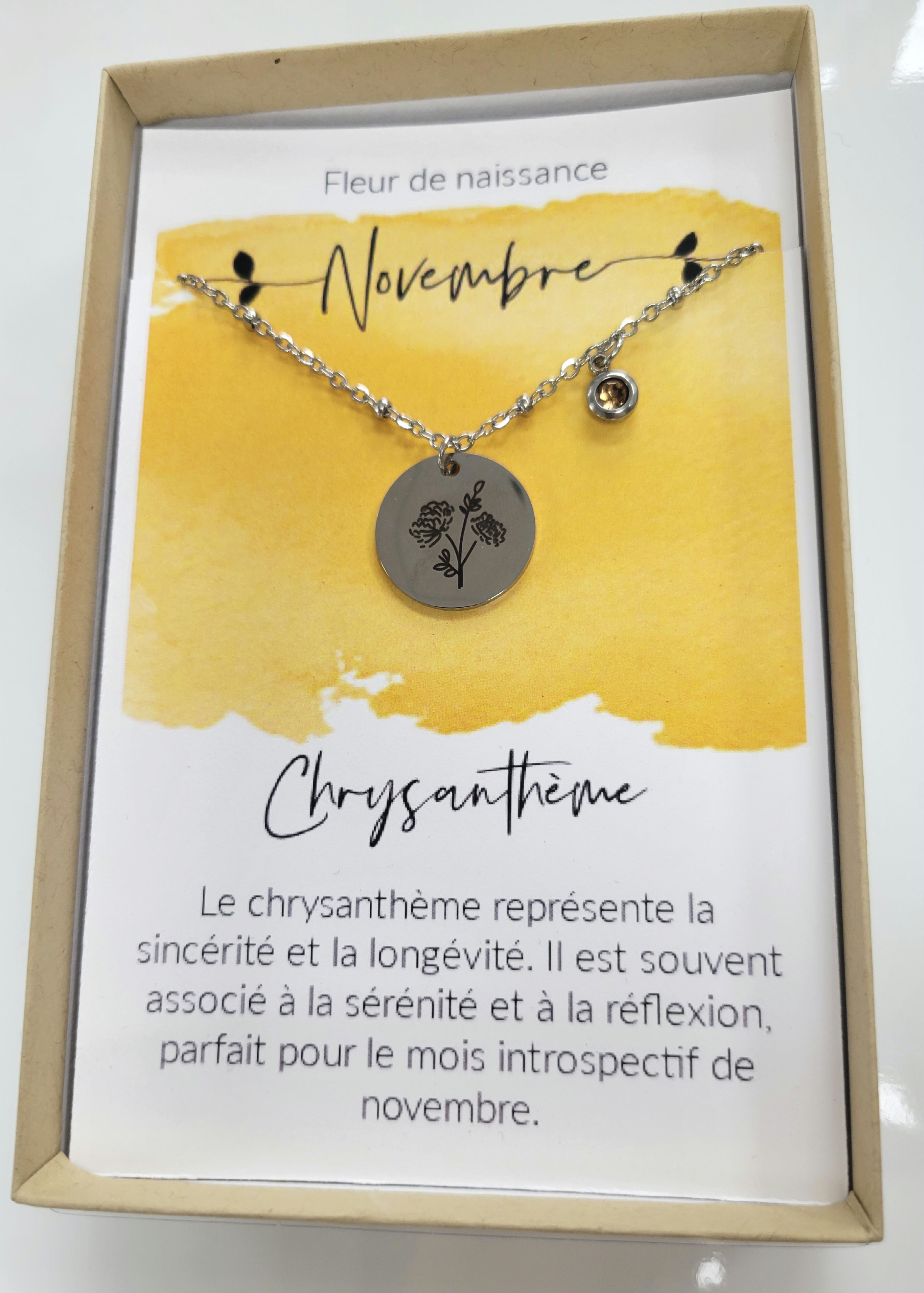 Collier fleur de naissance, novembre, chrysanthème, acier inoxydable