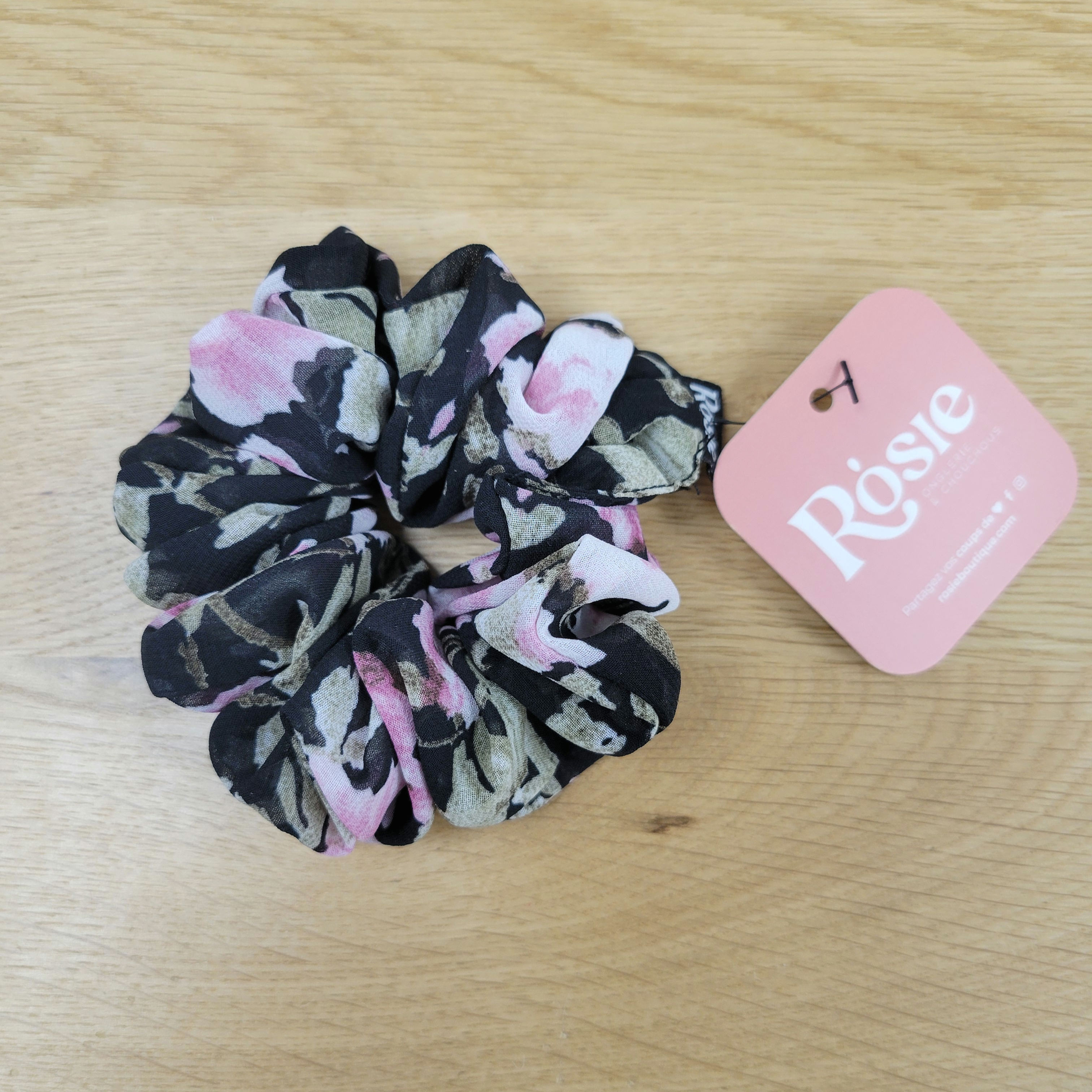 Élastique à cheveux Rosie, XL, noir avec fleurs roses