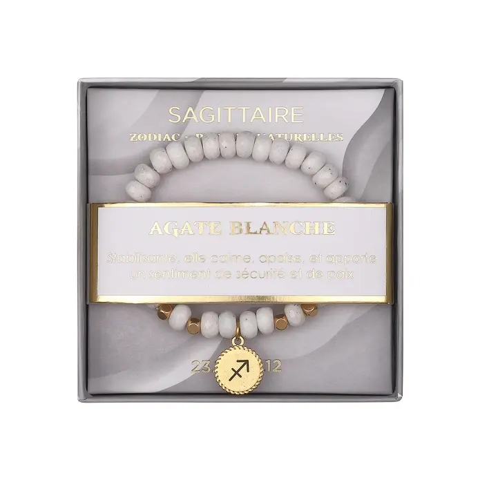 Bracelet en pierres naturelles avec signe zodiaque ‘'Sagittaire-Agate Blanche"