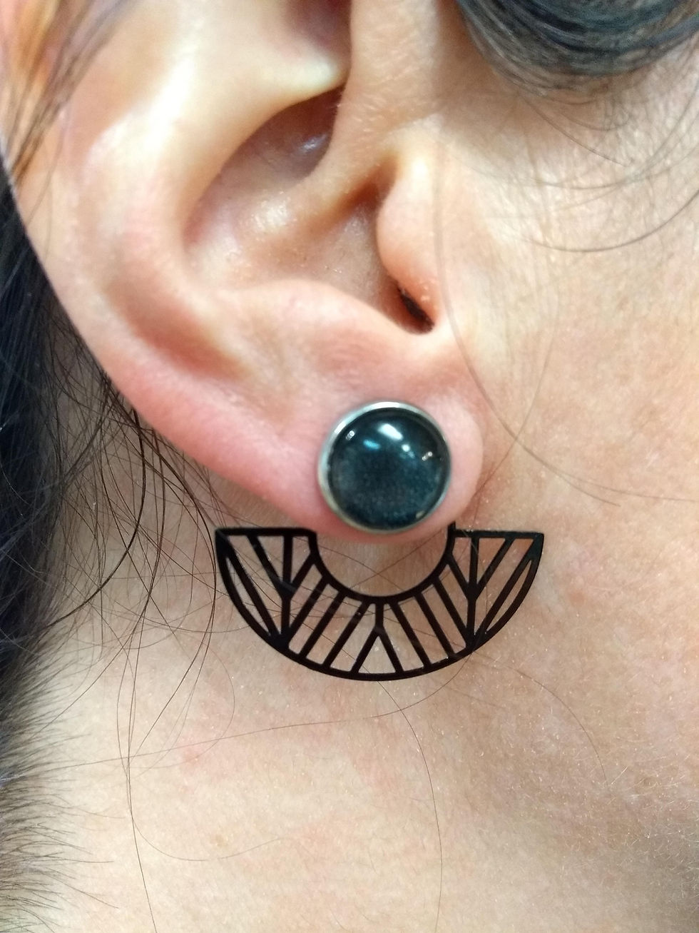 Miniature : Boucles d'oreille GB Joaillière, 2 en 1, Éventail bleu-gris géométrique