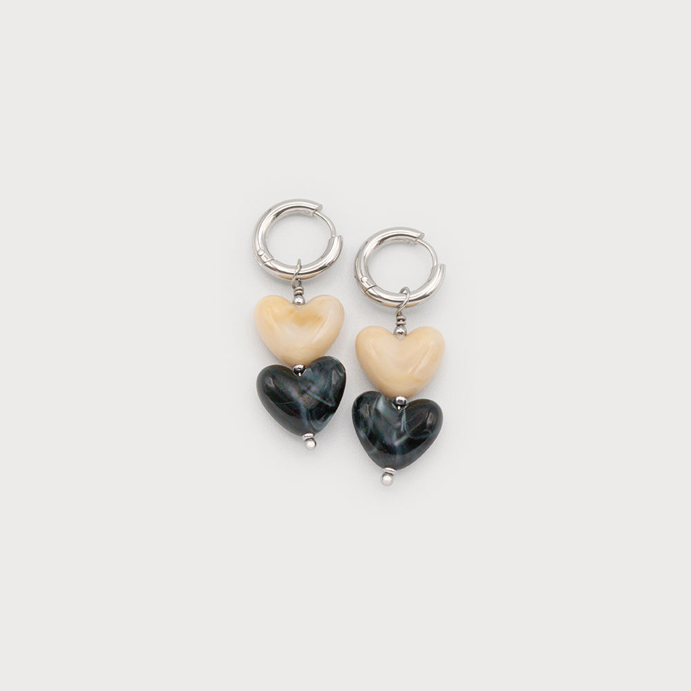 Boucles d'oreilles Caracol, coeurs deux tons sur anneau acier inoxydable, argent