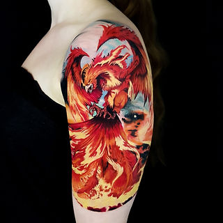 Phoenix colour realistic tattoo half sleeve, interstellar ink tattoo studio