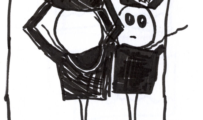 No-Man lifts his helmet. Sketch with black pen.