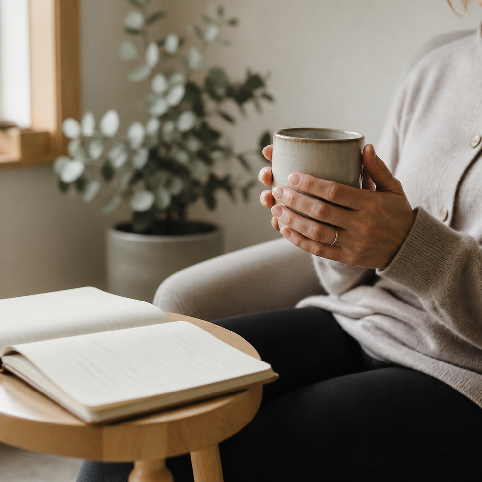 Person in a cozy beige sweater holds a mug beside an open notebook, with a plant and soft light in the background.