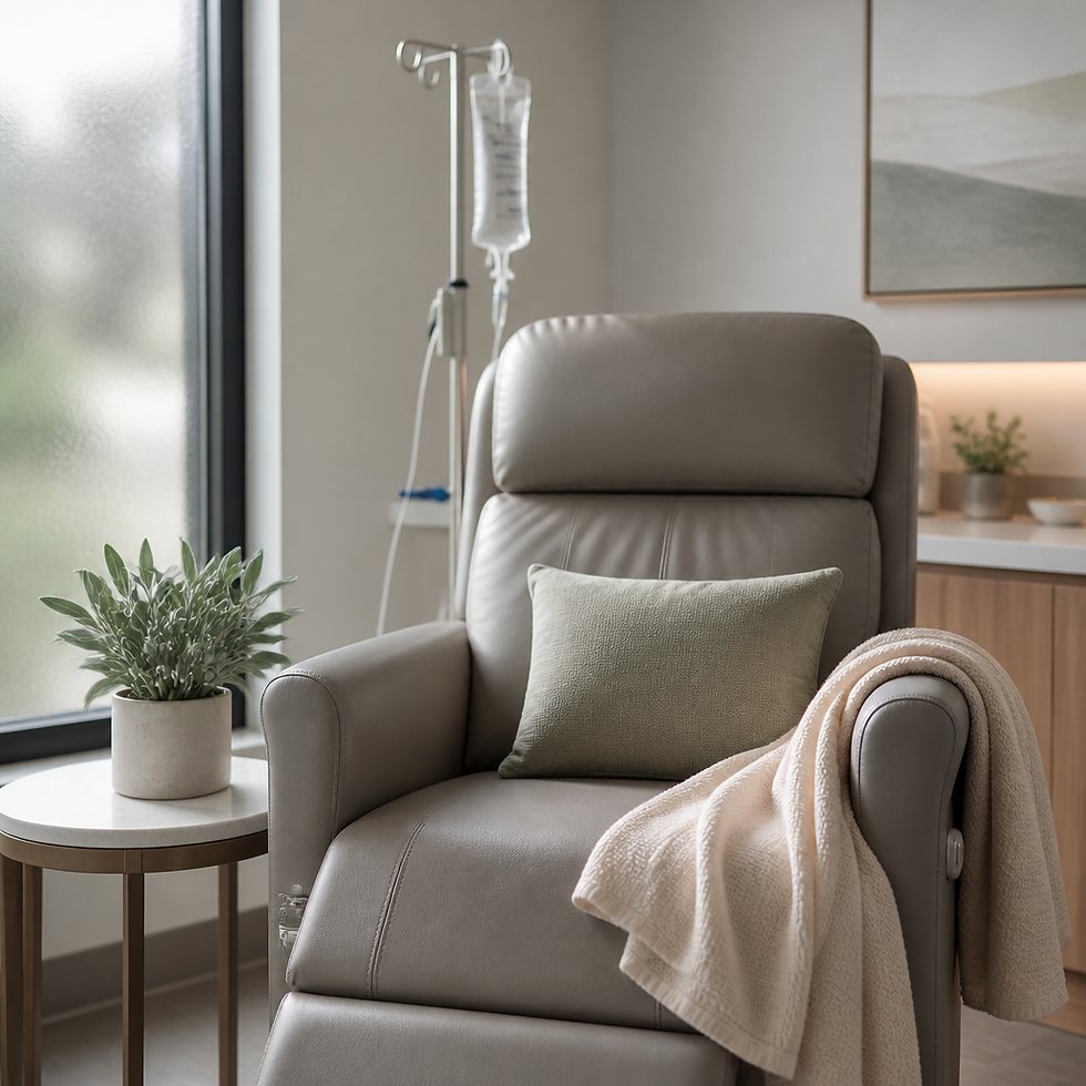 Cozy clinic room with a gray recliner, pillow and draped blanket beside an IV stand and potted plant.