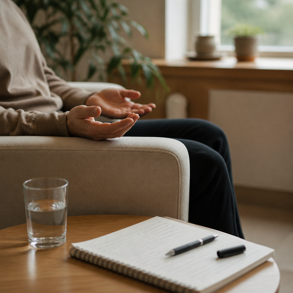 Seated person gestures with open hands in a cozy room; notebook, pen, and glass of water on a side table.