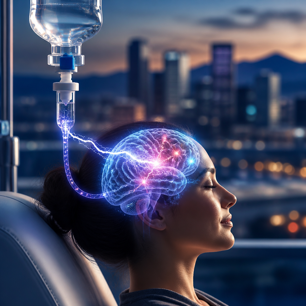 Woman resting with an IV drip, glowing digital brain overlay, and a city skyline at dusk behind her.