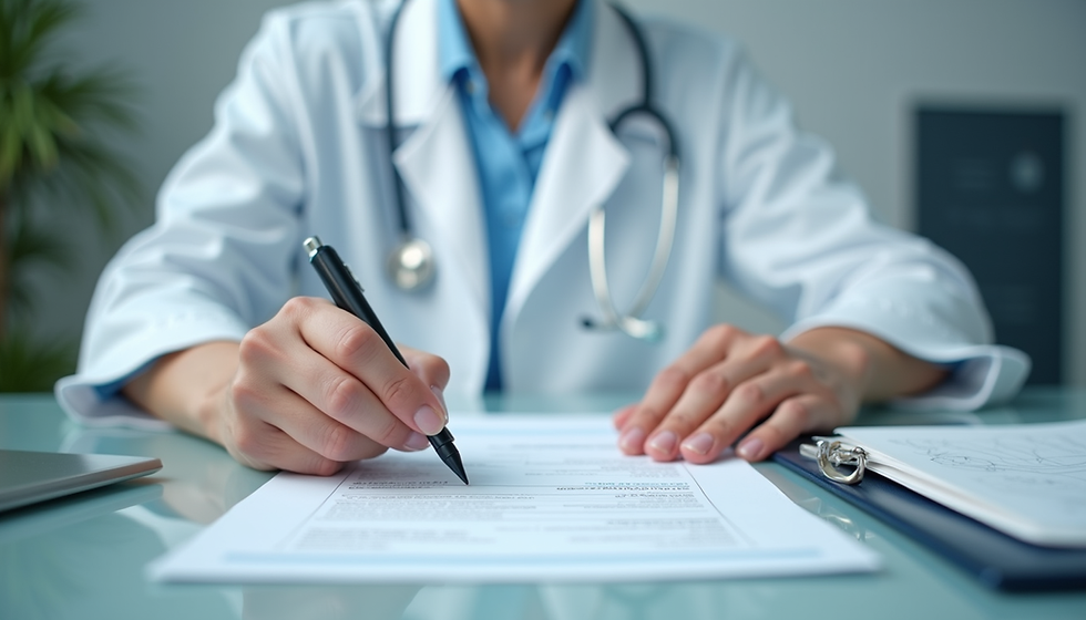 Doctor in white coat with stethoscope writes on a form at a desk in a clinic, with a laptop and clipboard nearby.