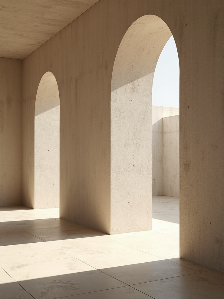 Minimal architectural interior with natural light and stone