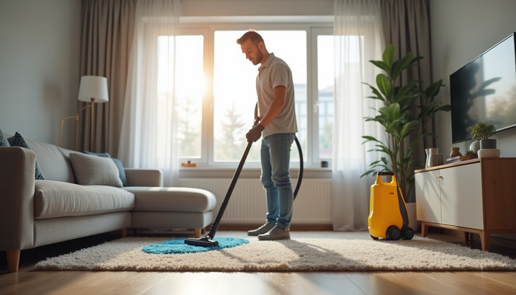 Eye-level view of a modern living room being cleaned by a professional cleaner with equipment