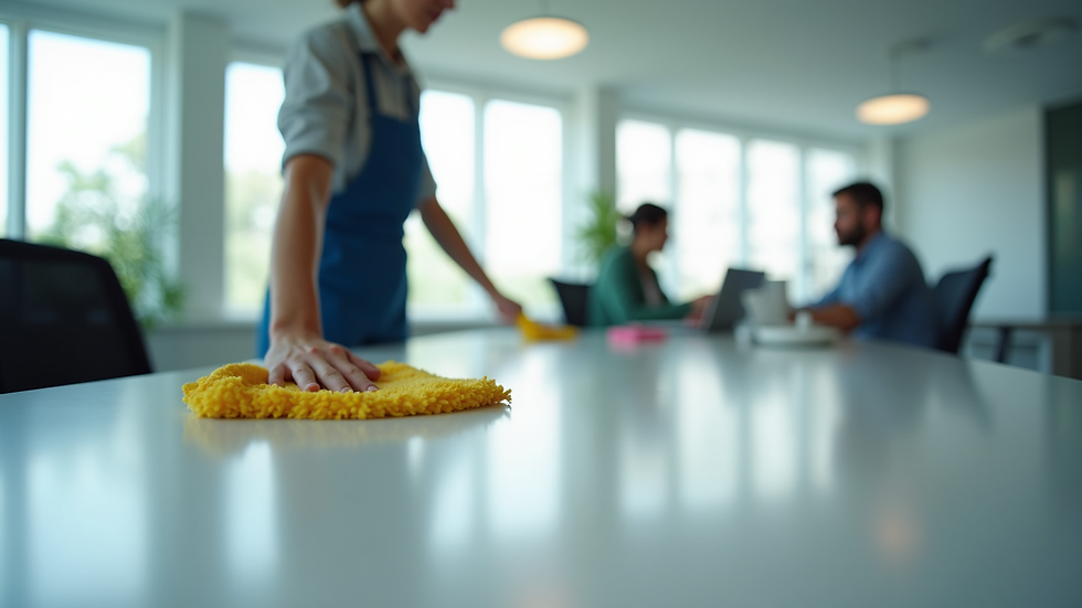 Close-up view of a cleaner wiping a desk in a bright office