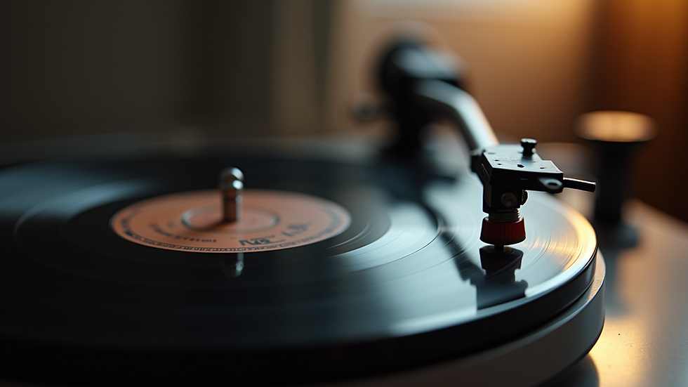 Eye-level view of a vintage vinyl record player with classic blues records