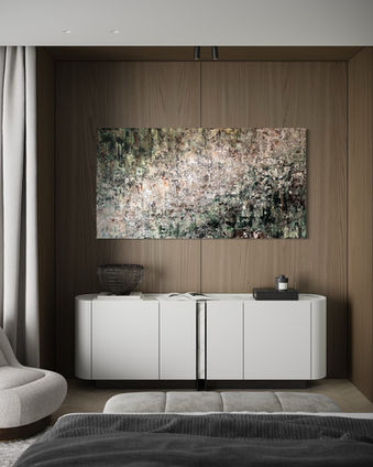 Abstract painting Forest Cascade by Marella Hesseling displayed in a serene bedroom interior.