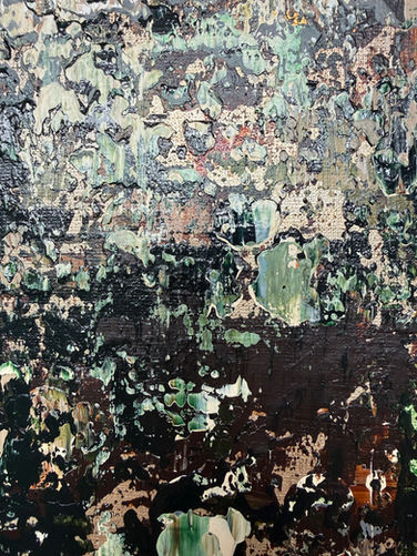 Close-up of the painting Tidal Passage showing brass gold and bronze accents