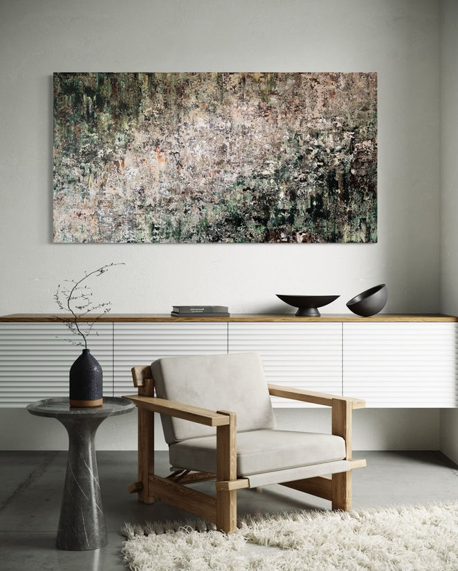 Abstract artwork Forest Cascade by Marella Hesseling displayed above a sideboard in a contemporary interior.