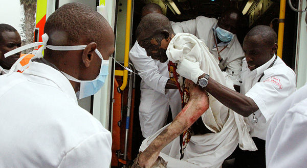Man injured in the pipeline explosion being brought to the Kenyatta National Hospital