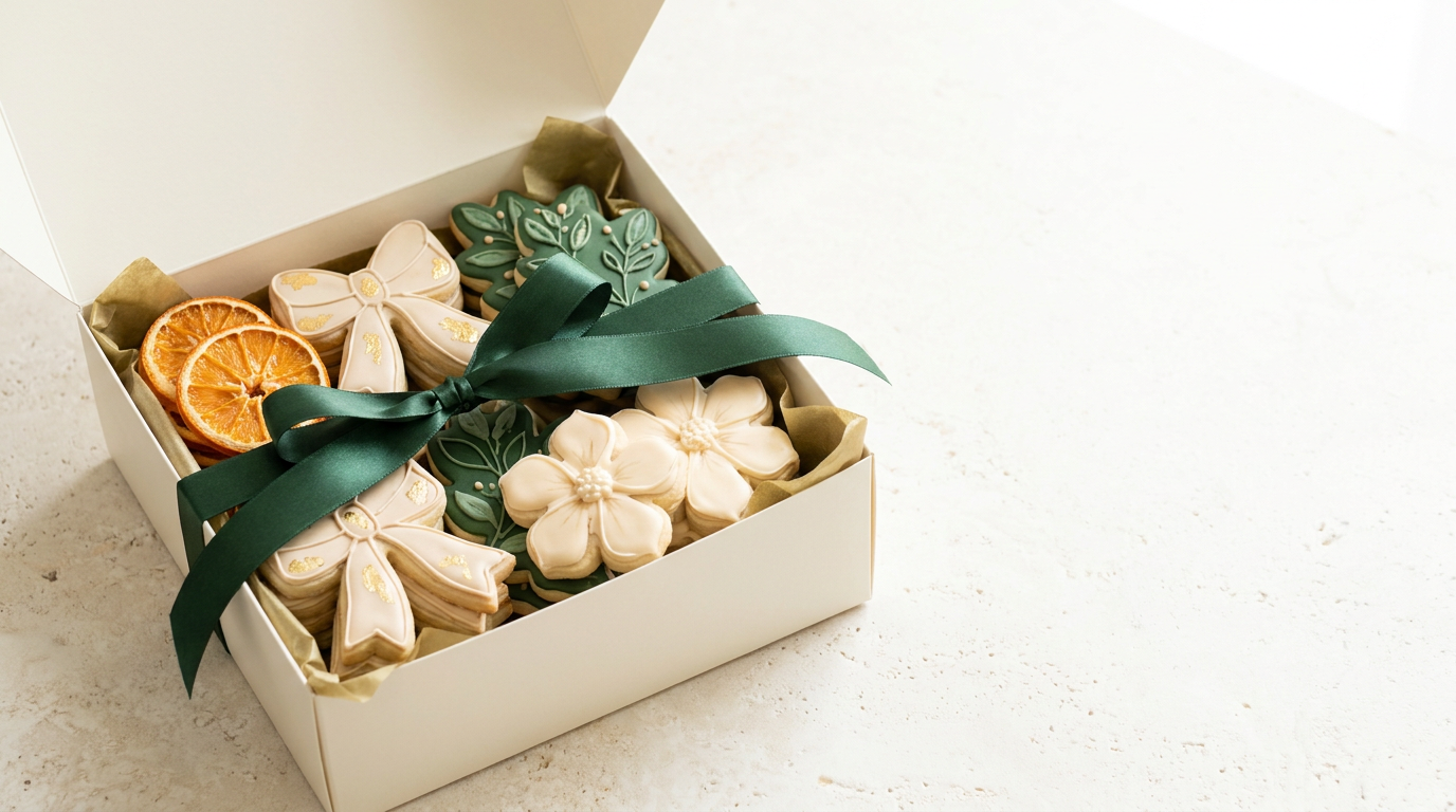 A Clementine Cookie Co. gift box filled with luxury sugar cookies