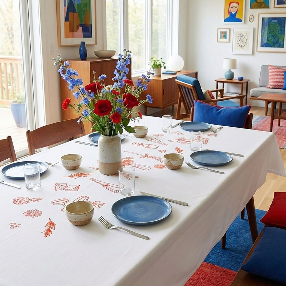 Dining table set with blue plates, flowers, and printed tablecloth.