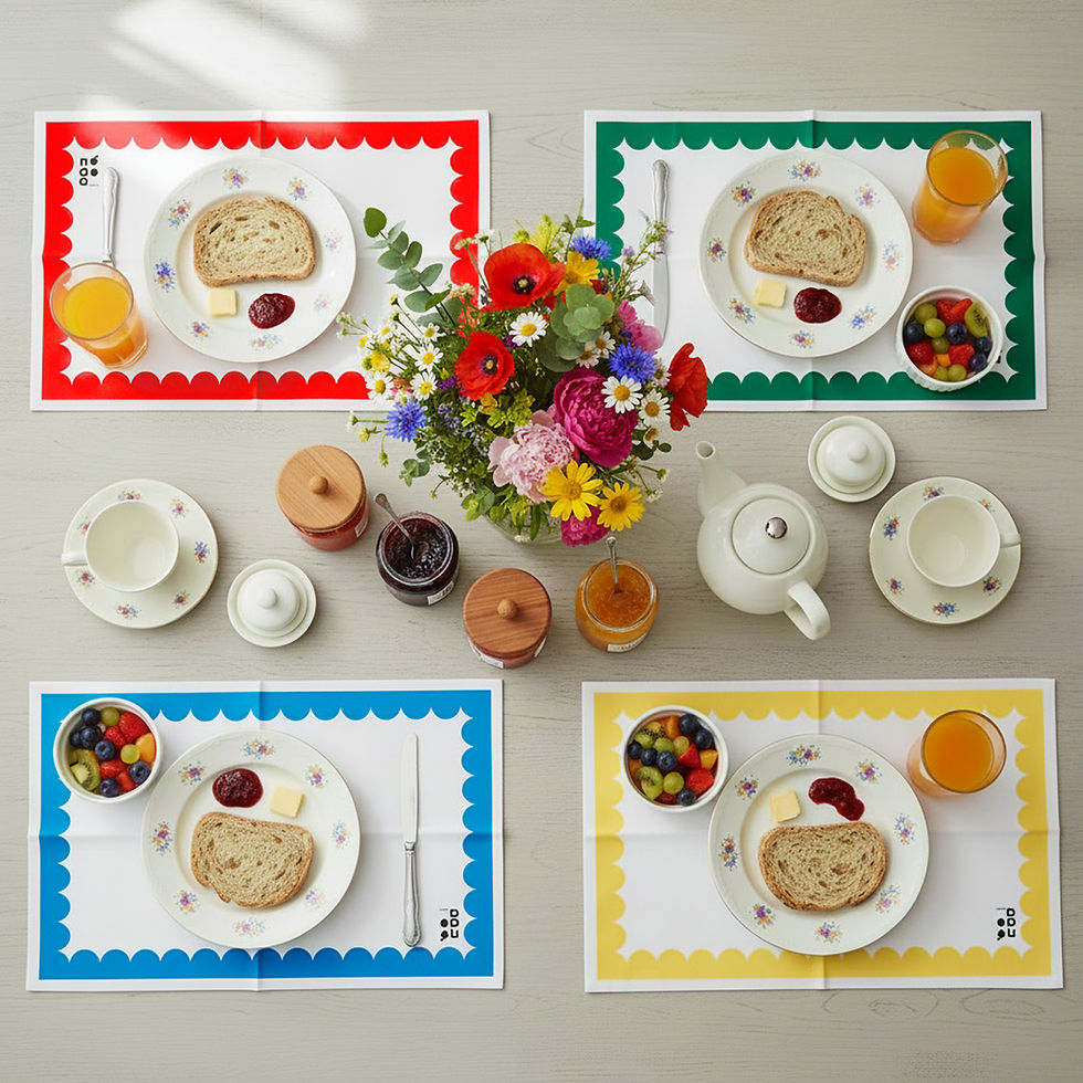Thumbnail: Breakfast table with colorful placemats, flowers, toast, and juice