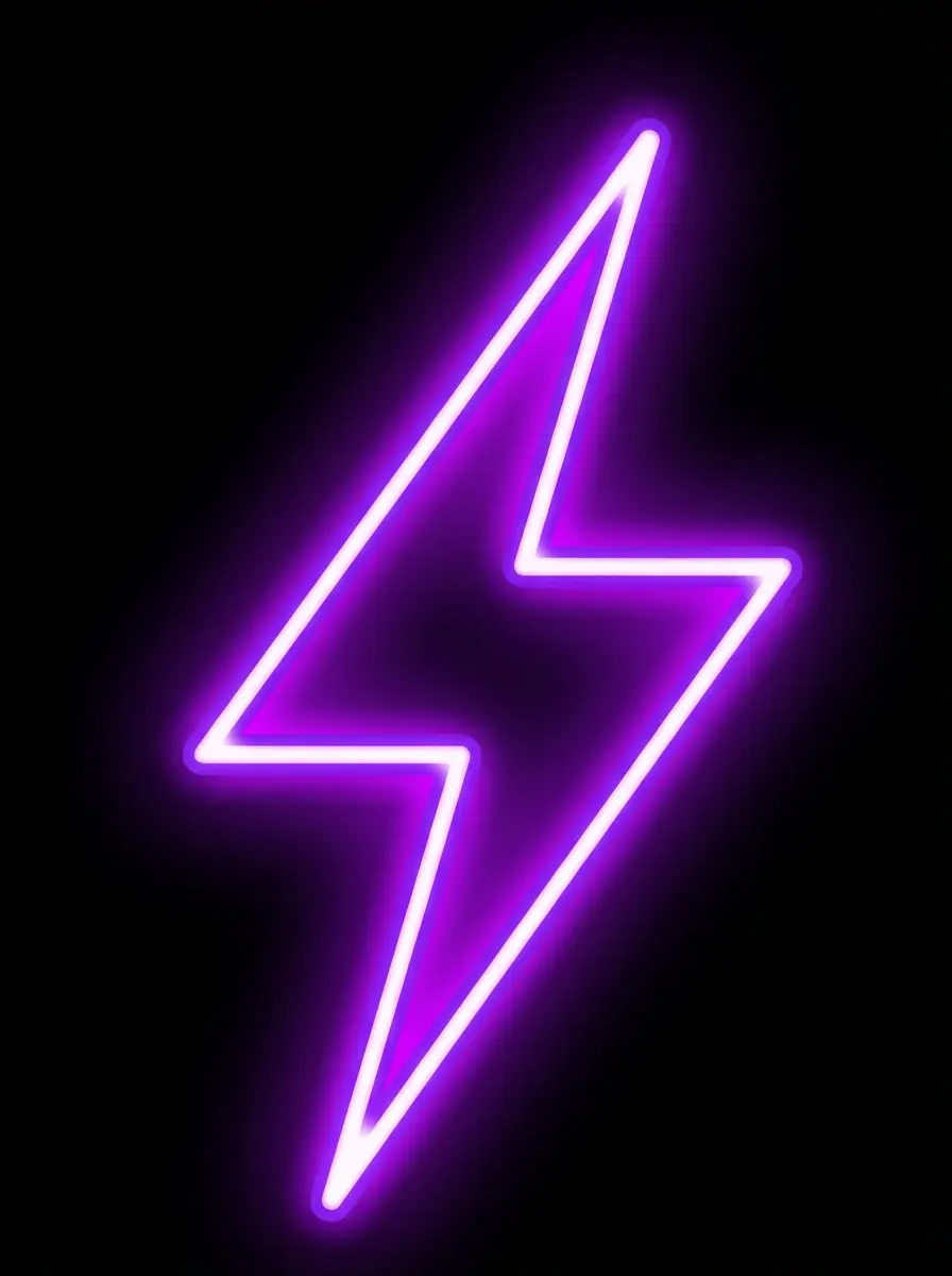 Digital art of a vibrant purple neon lightning bolt against a black background. The glowing symbol evokes energy and power.