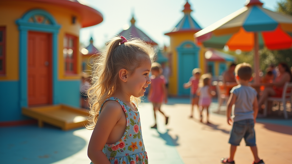 Eye-level view of Planet Snoopy area with colorful rides for children