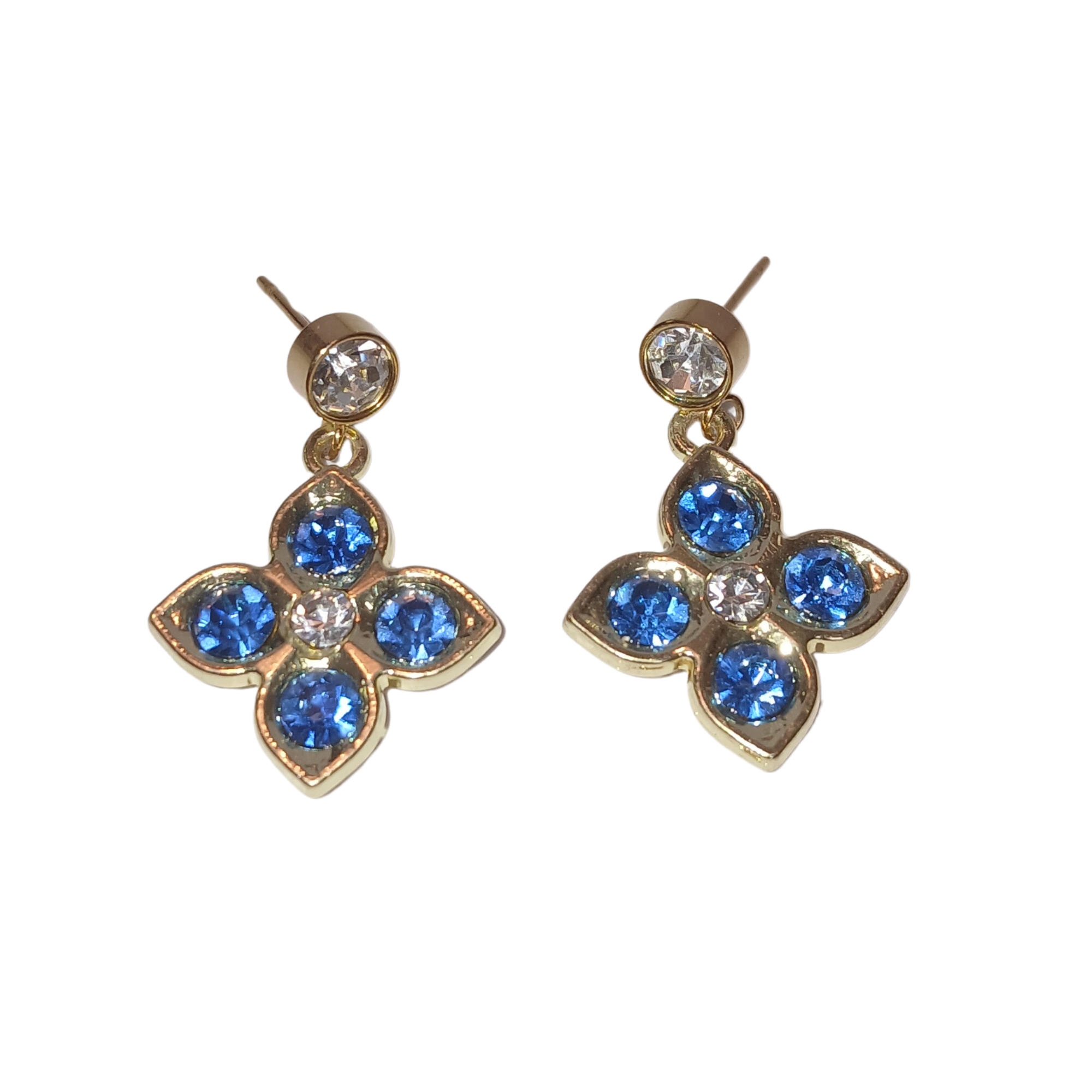 Blue and Clear Rhinestone Flower Drop Earrings