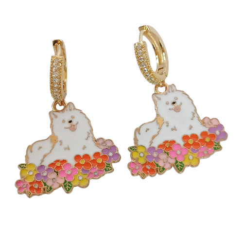 Rhinestone Huggies with Enamel Samoyed and Flowers