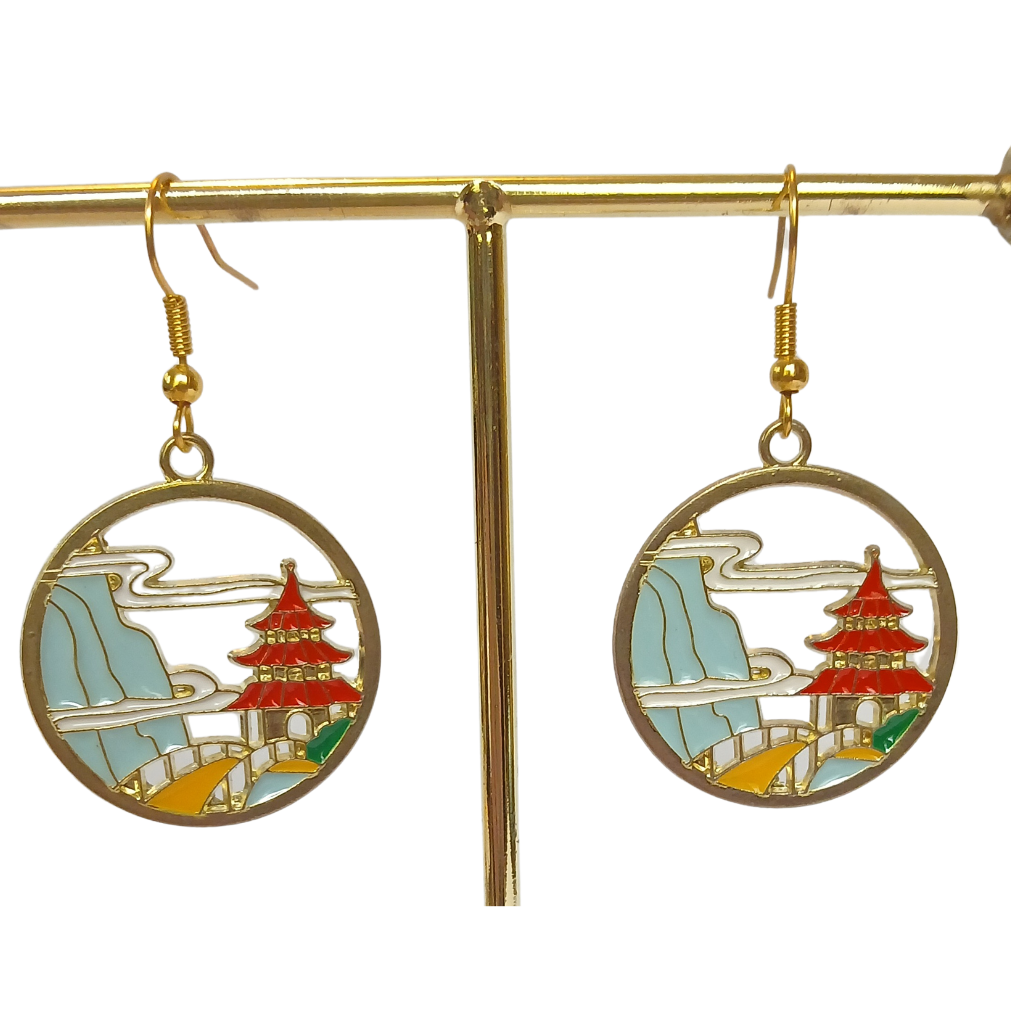 Earrings with Asian Inspired Enamel Pagoda Scene