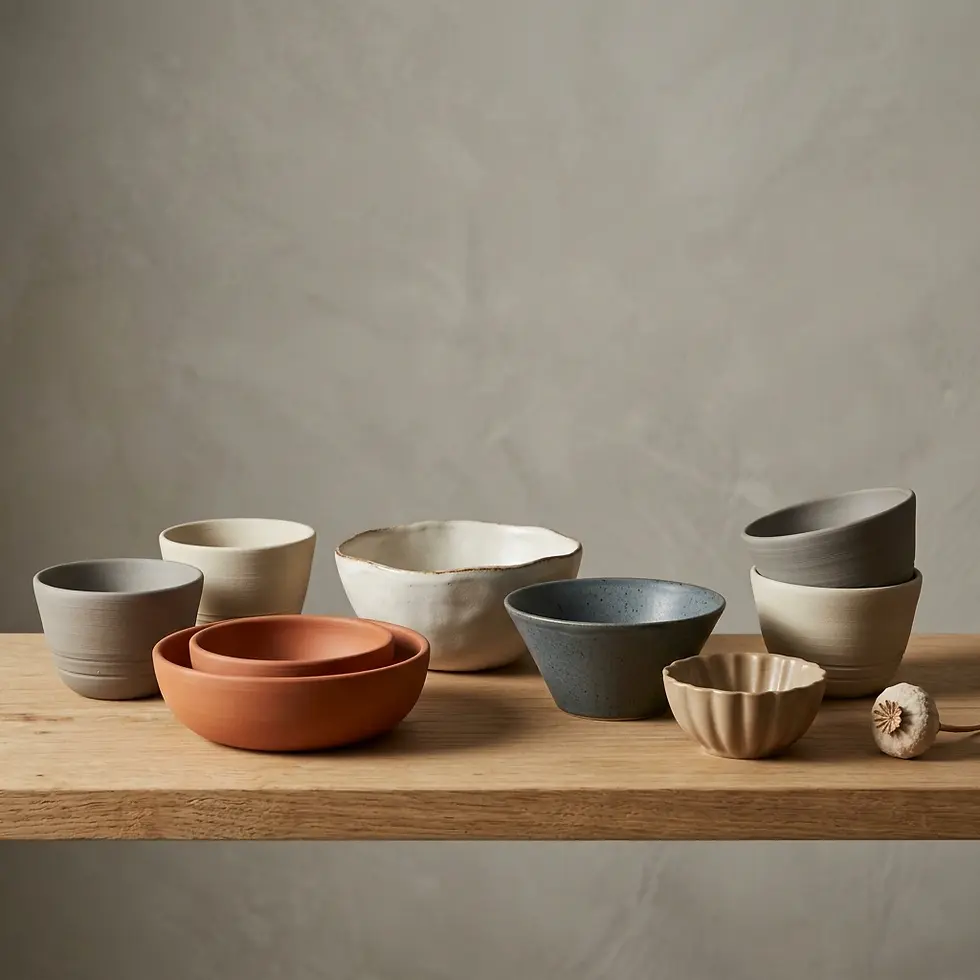 Ceramic product photography featuring a collection of diverse artisanal bowls arranged on a wooden shelf. The display has an earthy and rustic aesthetic.