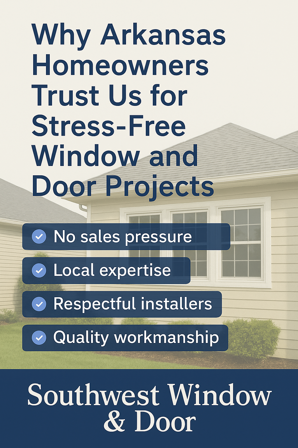 Text overlay image of a yellow house with white windows. Promotes stress-free window and door projects by Southwest Window & Door.