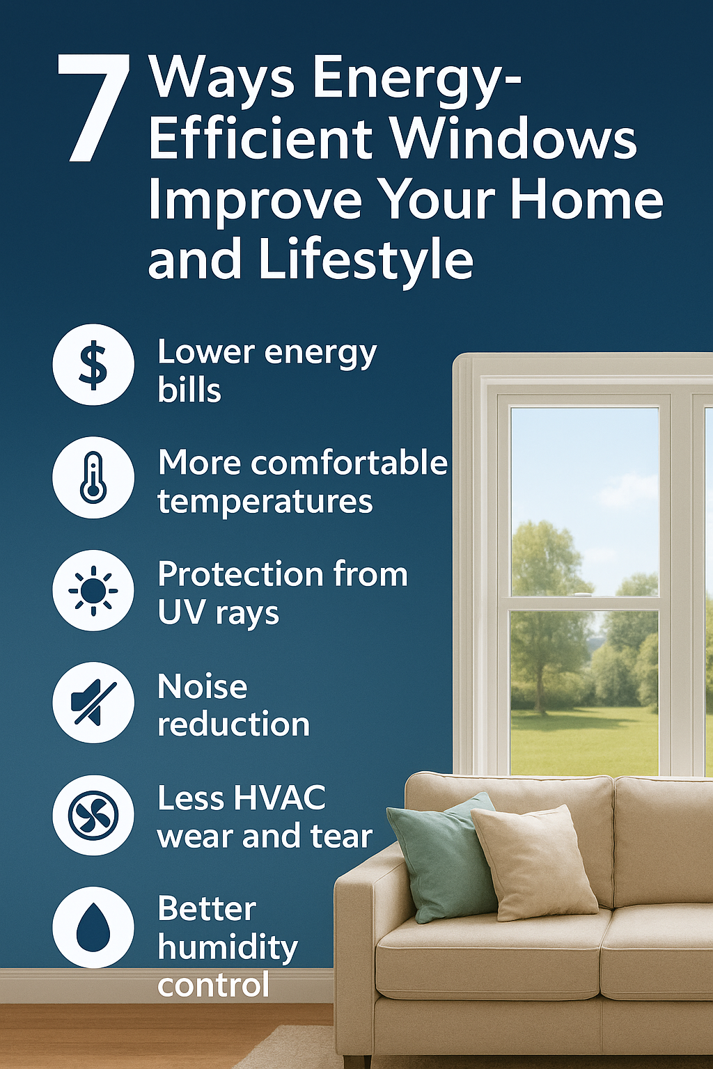 Text on a blue background lists benefits of energy-efficient windows. A beige sofa and window showing a green view are on the right.