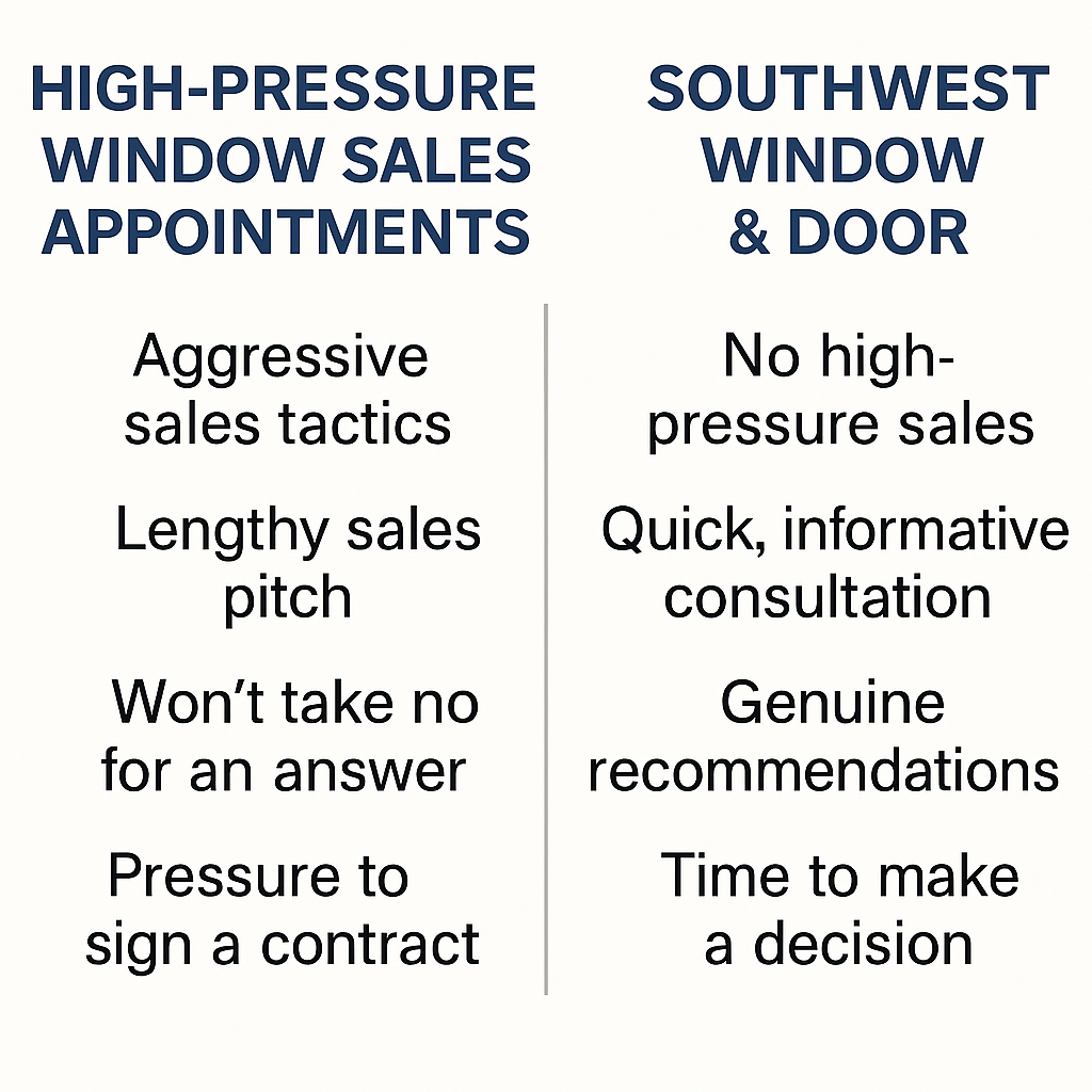 Comparison chart shows "High-Pressure Window Sales" with aggressive tactics vs. "Southwest Window & Door" offering no pressure, quick consultations.