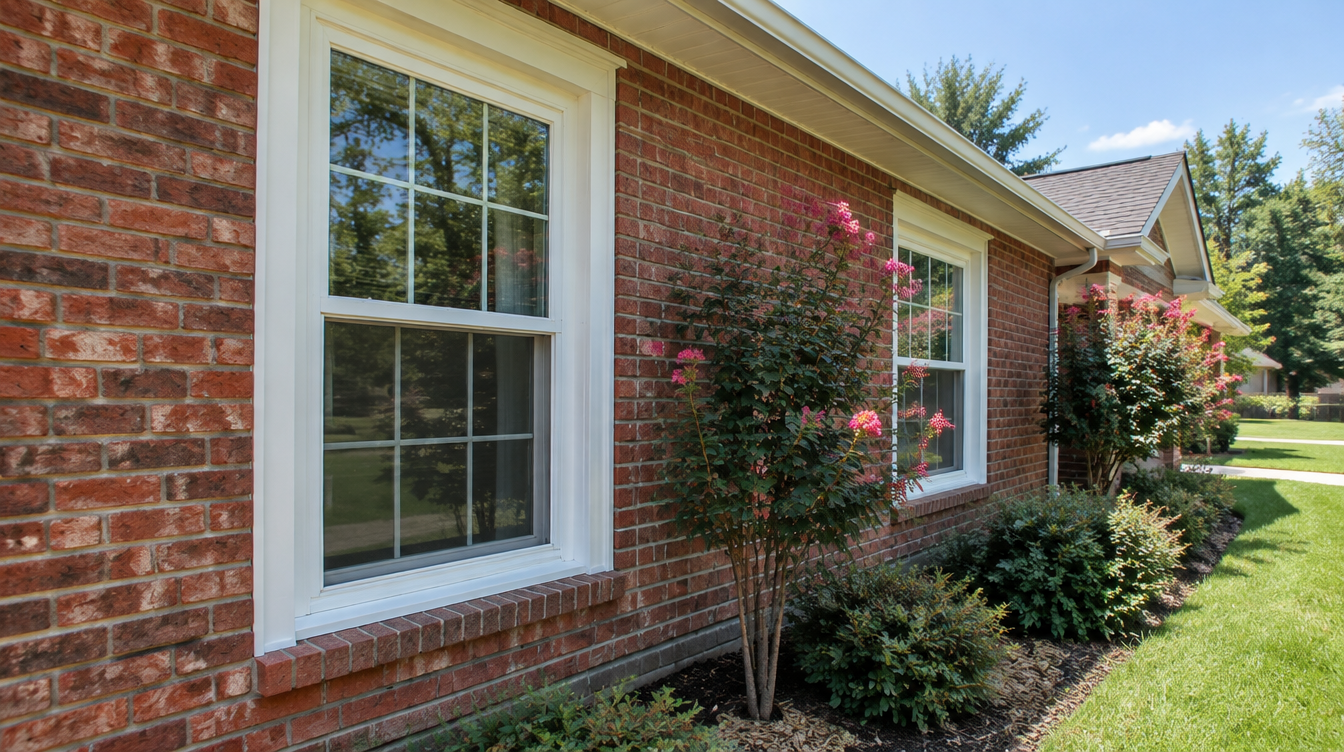 White double-hung replacement windows installed on a brick Central Arkansas home, the full-frame window installation Southwest Window & Door prices per window