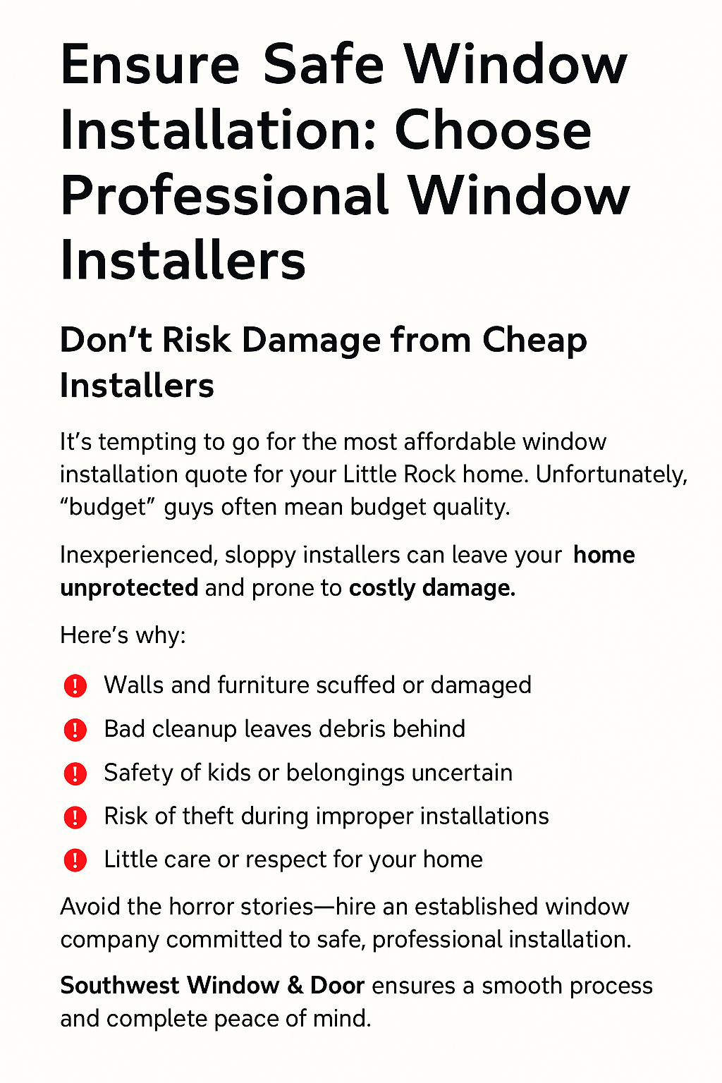 Checklist showing signs of poor window installation and professional installation process