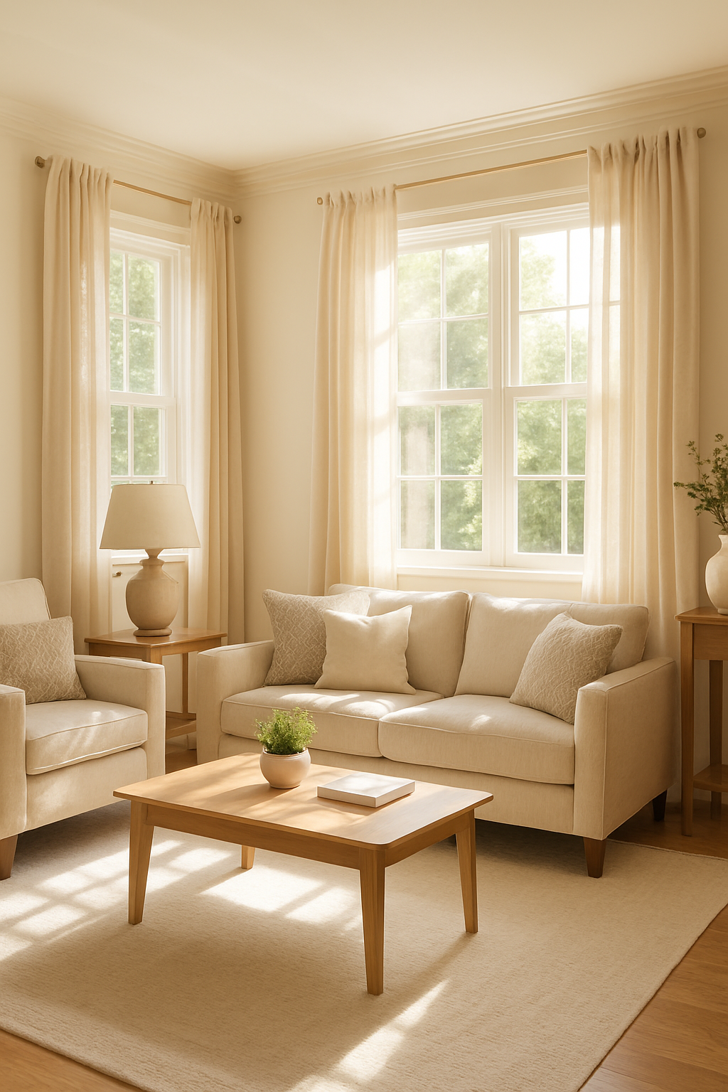 Bright living room with cream sofa, pillows, armchair, and wooden table. Sunlit windows, beige curtains, and potted plants create a cozy vibe.