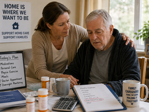A family caregiver reviewing home care expenses while supporting her husband with complex health needs at home in British Columbia.