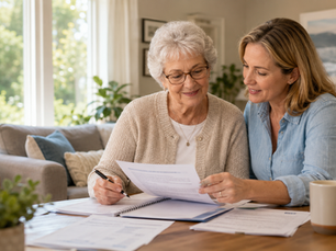 Older adult discussing plans for aging safely at home with a supportive family member.