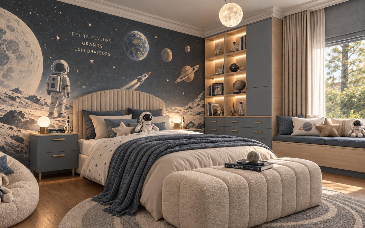 Chambre d'enfant espace en rendu réaliste