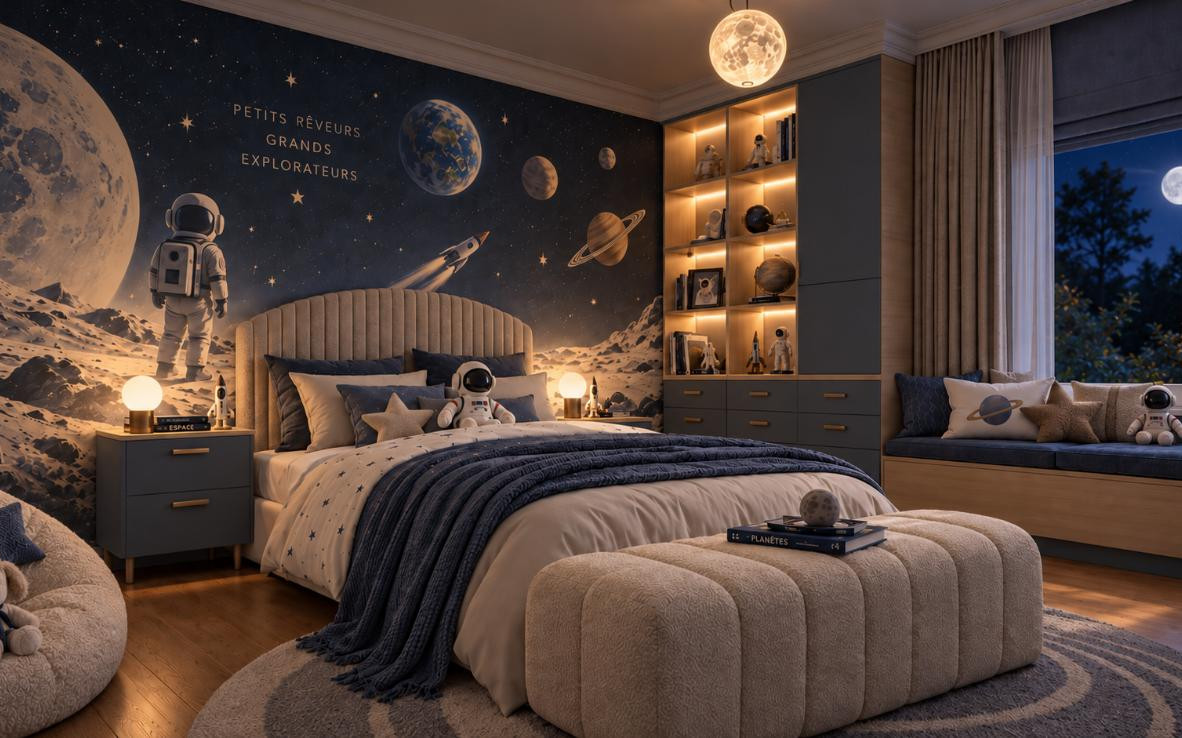 Chambre d'enfant astronaute en rendu 3D
