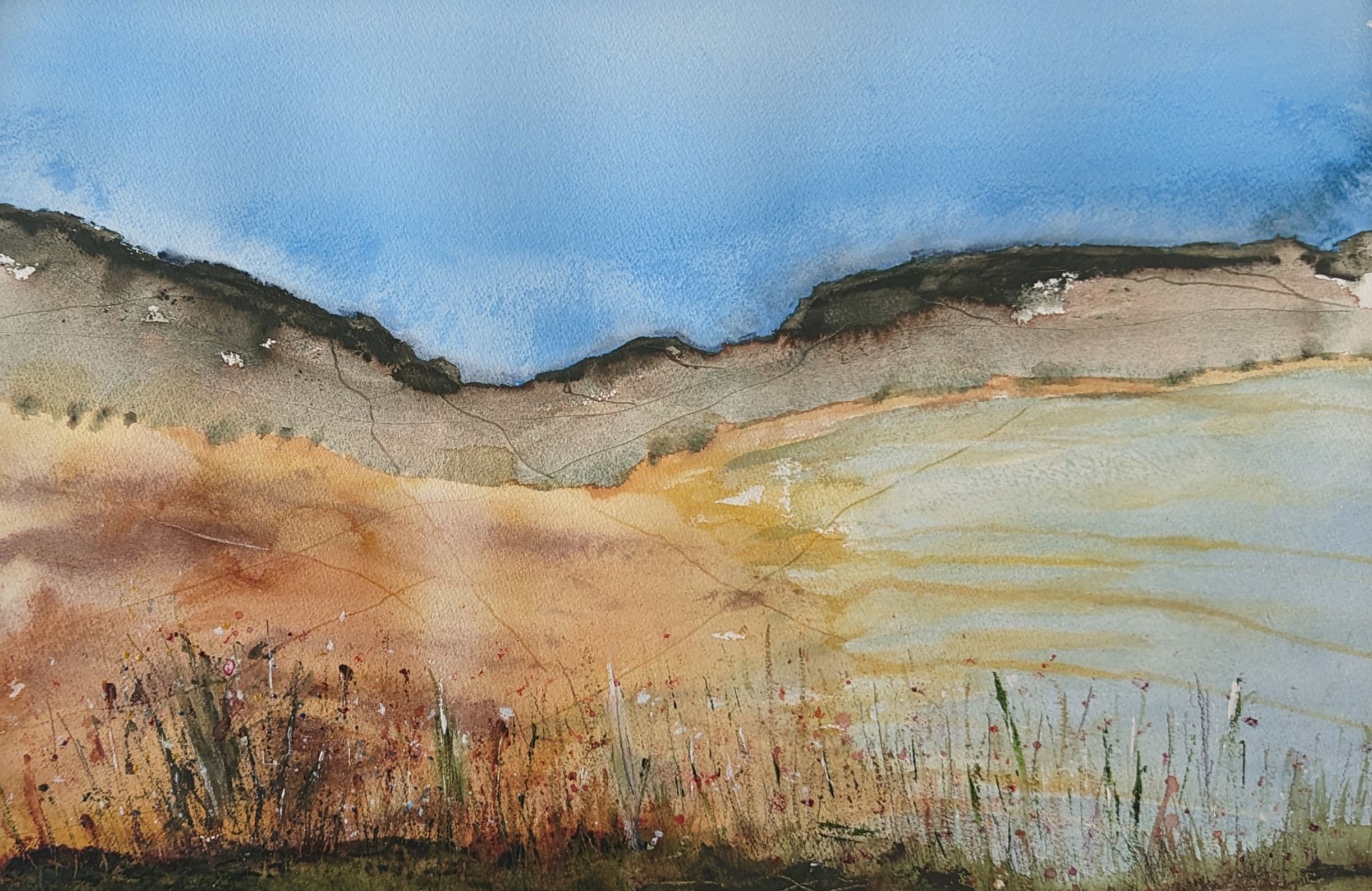 Yellows & blues create this sweeping semi-abstract mixed-media landscape