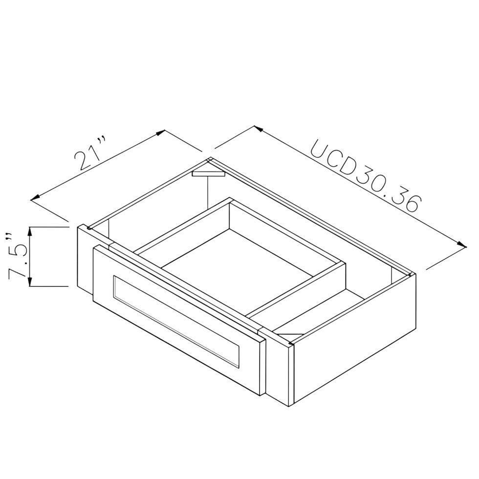 Aspen White 30" Under Counter Knee Drawer. Dimensions, in inches: Width 30 | Height 7 | Depth 21