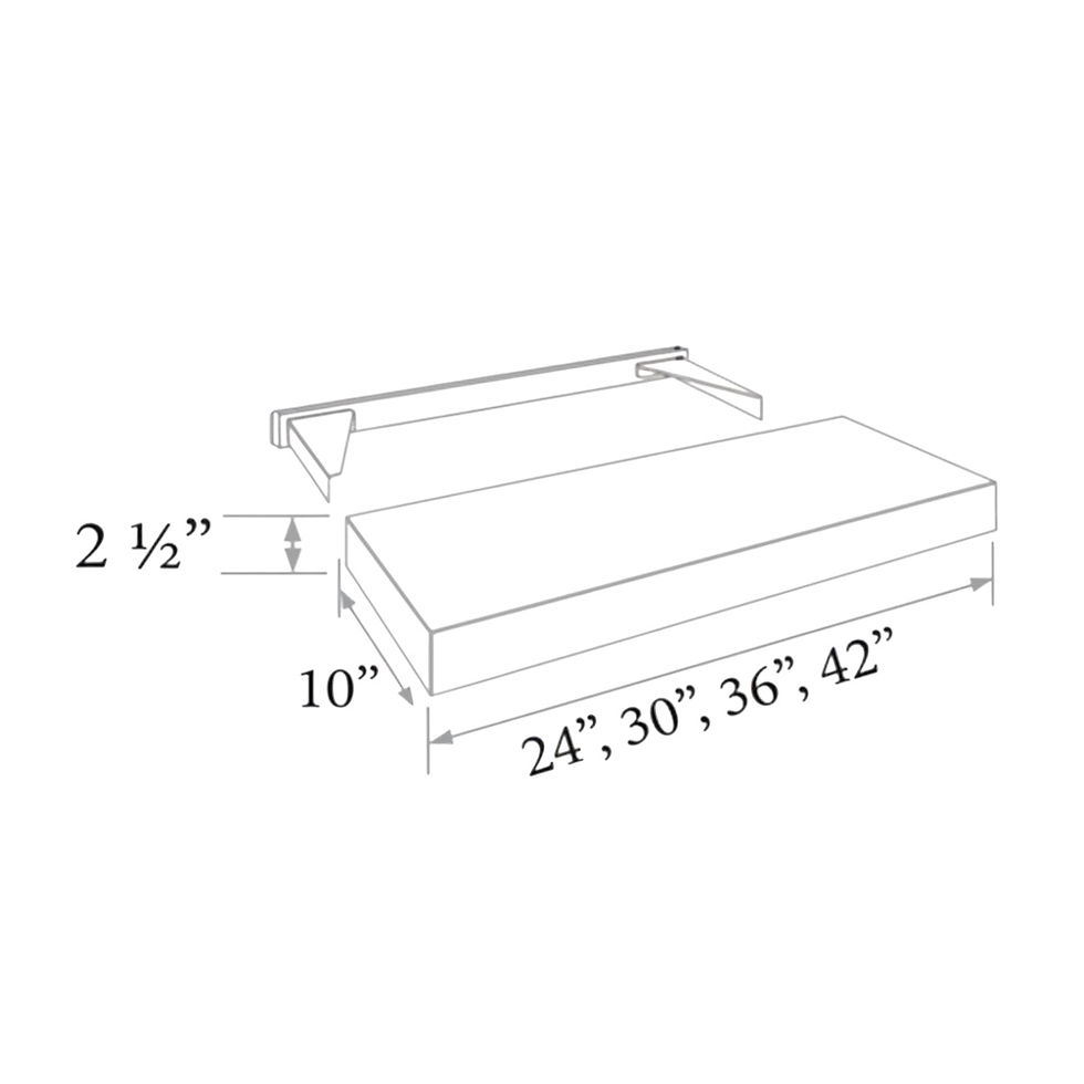 Fresh Sage 24" Finished Floating Shelf. Dimensions, in inches: Width 24 | Height 2.5 | Depth 10