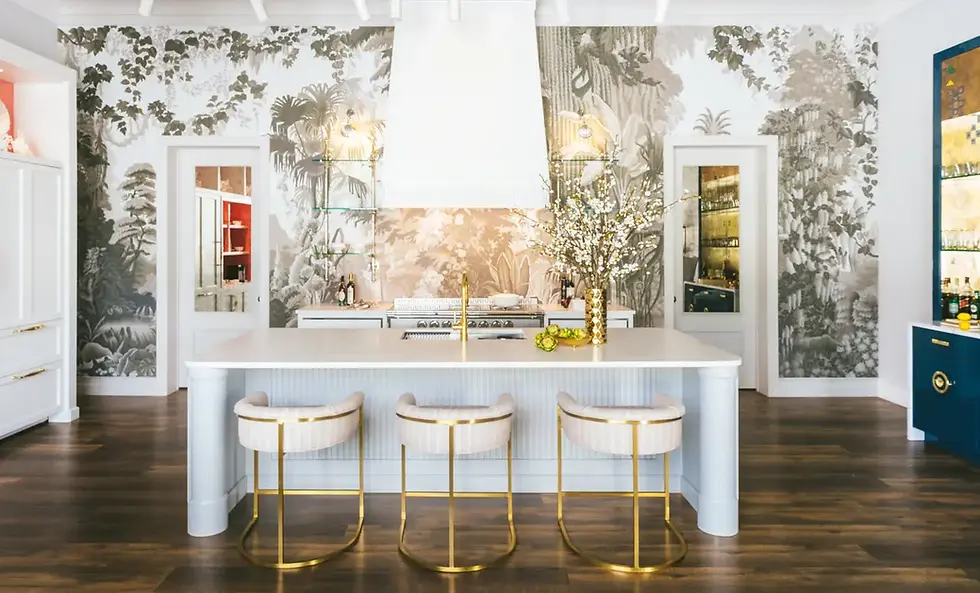 White, cream, and gray quartz with honey accents kitchen countertop