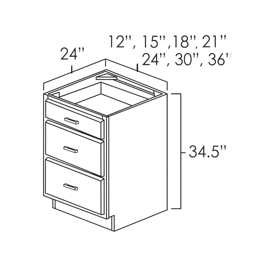 Classic Cream 12" Three Drawer Base. Dimensions, in inches: Width 12 | Height 34.5 | Depth 24