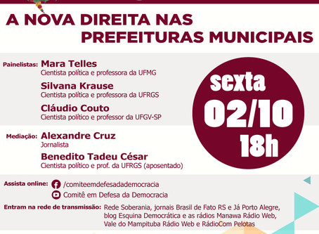 "A NOVA DIREITA NAS PREFEITURAS MUNICIPAIS" SERÁ TEMA DE DEBATE NESTA SEXTA-FEIRA, A PARTIR DAS 18H