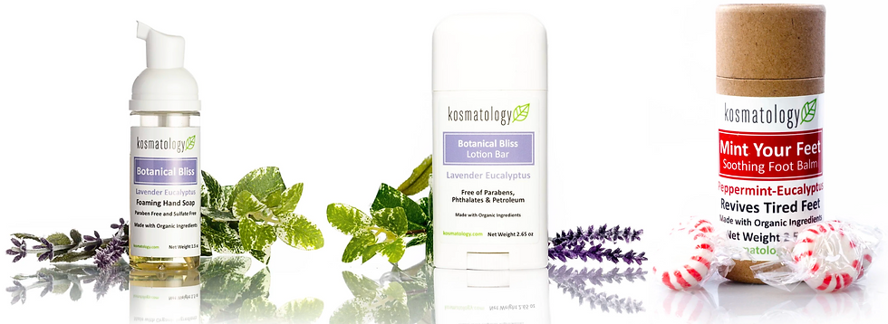 Kosmatology botanical skincare products—foaming hand soap, lotion bar, and foot balm—on white with herbs and peppermint candies.