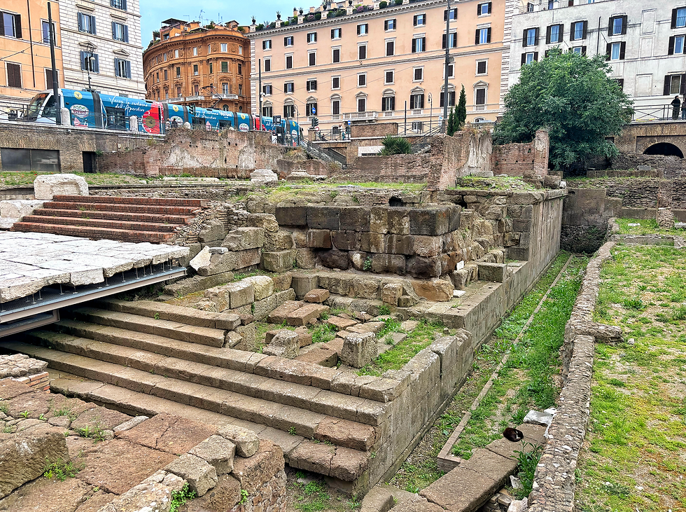 Ancient ruins with stone steps and walls, surrounded by grass. Background shows colourful buildings and blue advertising across a passing tram. Calm vibe.